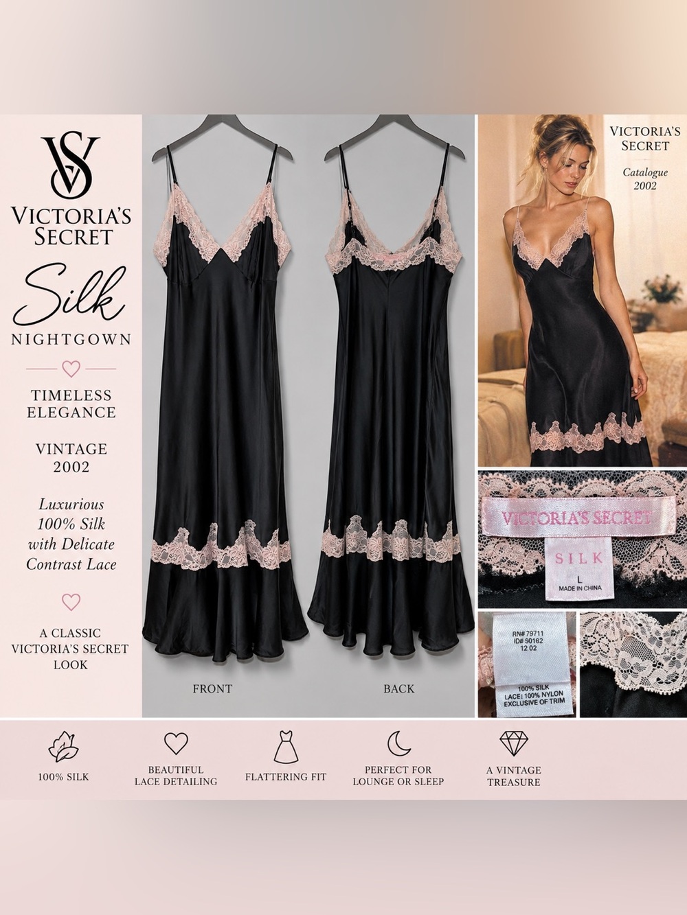Vintage 2002 Victoria’s Secret 100% Silk Lace Maxi Nightgown L Y2K